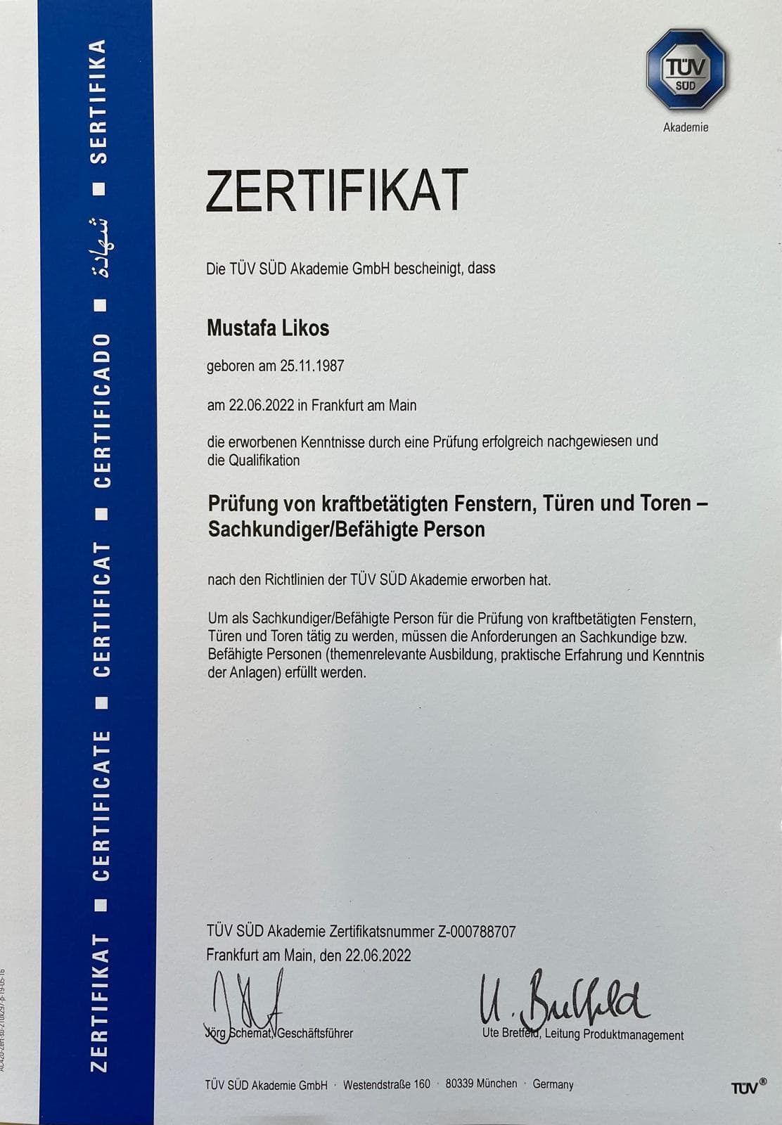 Zertifikat für Fenster, Türen und Tore
