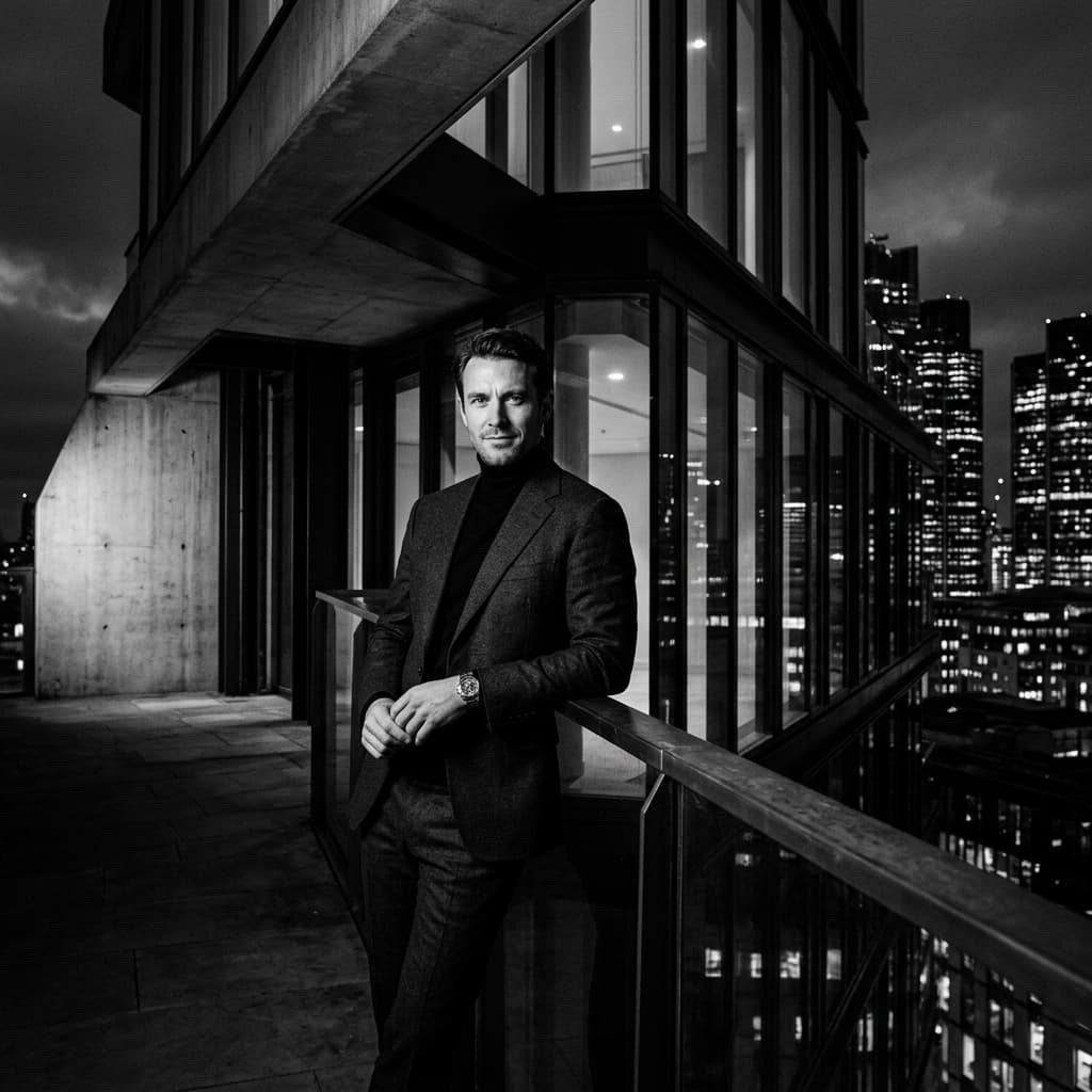 Editorial portrait of the founder in a high-contrast architectural setting